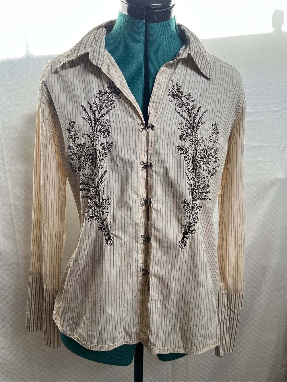Johnny Was Cream Striped Hook-Down Shirt with Brown Floral Embroidery
